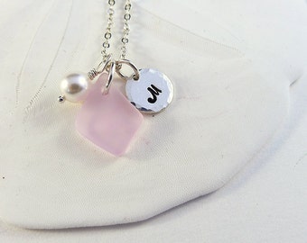 Pink sea glas necklace customized necklace personalized jewelry with letter with initial monogram custom seaglass jewelry sterling silver