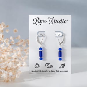 Cobalt blue sea glass earrings: Small dangle drop, Handmade jewelry, Sterling silver, Minimalist, Lightweight Sterling lever backs