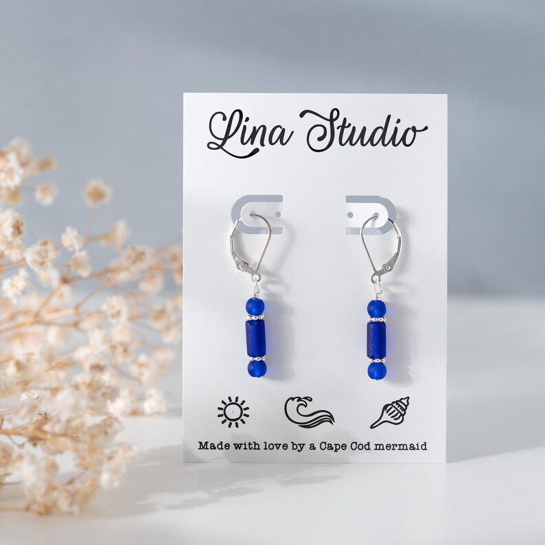 Cobalt blue sea glass earrings: Small dangle drop, Handmade jewelry, Sterling silver, Minimalist, Lightweight Sterling lever backs
