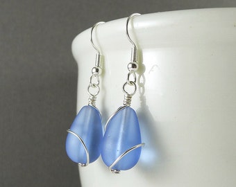 Blue sea glass earrings sea glass jewelry seaglass earrings frosted glass sterling silver handmade jewelry wire wrapped bridesmaids jewelry