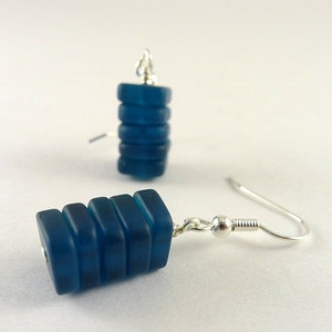 Blue sea glass earrings minimalist jewelry square stacked dangle earrings seaglass tumbled frosted recycled ecofriendly beaded jewelry