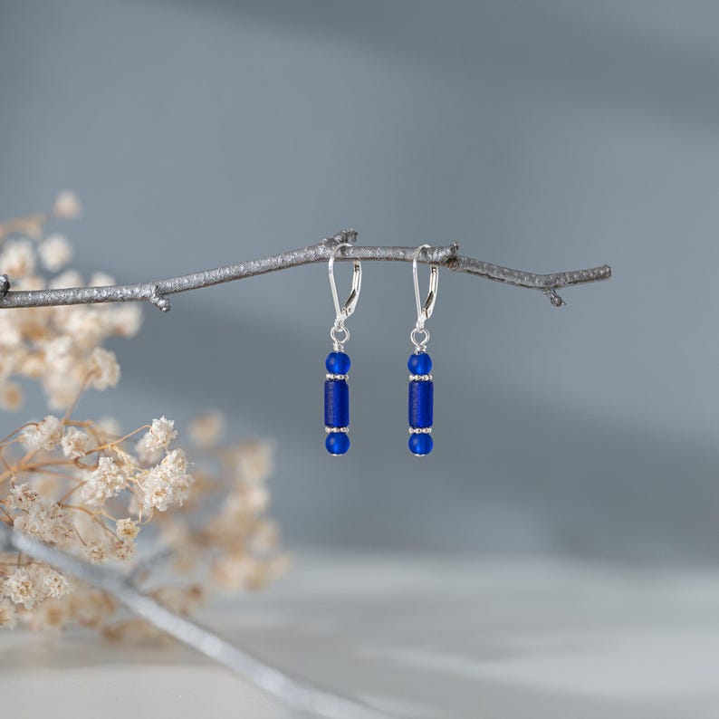 Cobalt blue sea glass earrings: Small dangle drop, Handmade jewelry, Sterling silver, Minimalist, Lightweight bild 2