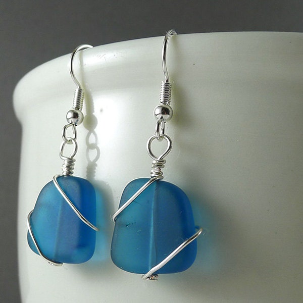Blue sea glass earrings • Made with stelring silver or material of your choice • Navy blue jewelry • Gift for her
