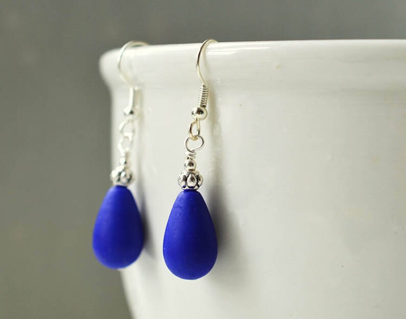 Cobalt blue opaque sea glass earrings sea glass jewelry seaglass earrings teardrop earrings handmade earrings blue beach glass gift for mom