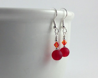 Simple red earrings sea glass earrings cherry red sea glass jewellery seaglass jewelry frosted glass beach glass jewelry handmade jewelry