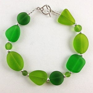 Green sea glass bracelet: Handmade frosted glass jewelry, Made to fit, custom, sterling silver