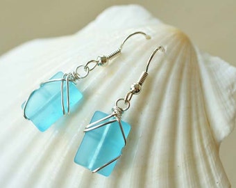 Aqua blue sea glass earrings sea glass jewelry sterling silver wire wrapped earrings wire wrapped sea glass seaglass gift for sister mother