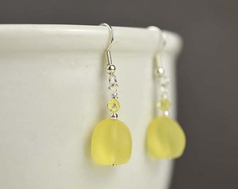 Yellow sea glass earrings recycled glass jewelry frosted glass yellow crystals pastel colors pastel sea glass gift for sister gift for mom