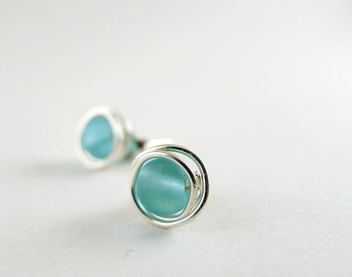Sea glass stud earrings blue sea glass jewelry handmade earrings brid…