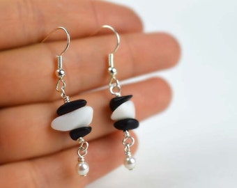 Black and white earrings with white pearls earrings sea glass earrings sea glass jewelry beach glass handmade earrings handmade jewelry gift