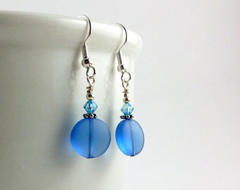 Blue sea glass earrings sea glass jewelry handmade jewelry seaglass earrings seaglass jewelry beach glass frosted glass recycled tumbeld