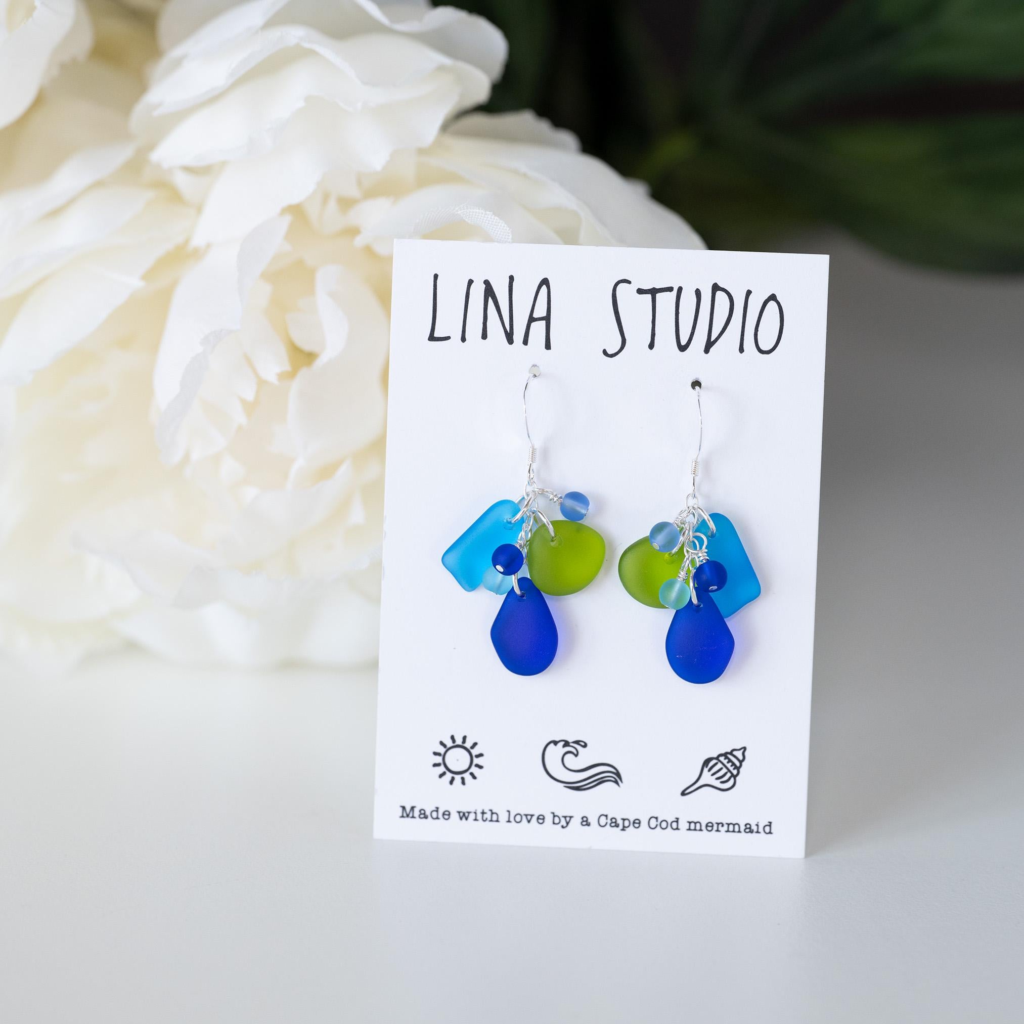 Sea glass earrings: Sterling silver dangle drop, Blue & green frosted glass, Handmade beaded jewelry