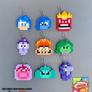 May include: Nine pixel art keychains featuring characters from the movie Inside Out. The keychains are made of colorful beads and include characters like Joy, Sadness, and Anger. Each keychain has a silver clasp for easy attachment. The text "Pixel Fanart/Bead Designs Created by Madam Fandom" is at the bottom.