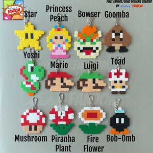 May include: A collection of pixel art bead designs featuring characters from the Super Mario video game series. The designs include Star, Princess Peach, Bowser, Goomba, Yoshi, Mario, Luigi, Toad, Mushroom, Piranha Plant, Fire Flower, and Bob-Omb.