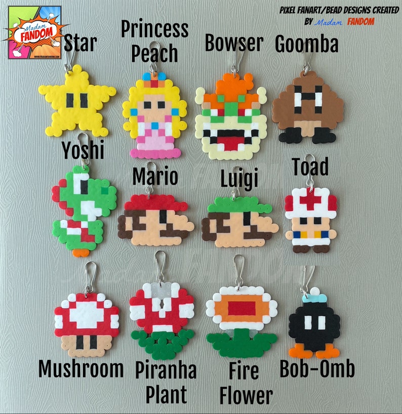May include: A collection of pixel art bead designs featuring characters from the Super Mario video game series. The designs include Star, Princess Peach, Bowser, Goomba, Yoshi, Mario, Luigi, Toad, Mushroom, Piranha Plant, Fire Flower, and Bob-Omb.