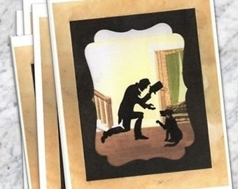 Civil War Dog Greeting Cards "Lincoln's Farewell to Fido" -5 Blank Notes (Handmade) - Scherenschnitte Silhouettes Abraham Lincoln & Friend