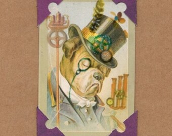 ONE Steampunk Bulldog Greeting Card /Choose A Birthday Greeting or Blank Note - Upcycled Vintage Playing Card