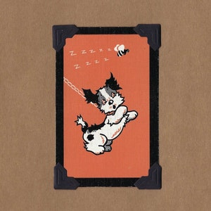 May include: A black and white cartoon dog with a red collar is running with a chain attached to its collar. The dog is running towards a bee that is flying in the air. The background is orange and the image is framed with a black border.