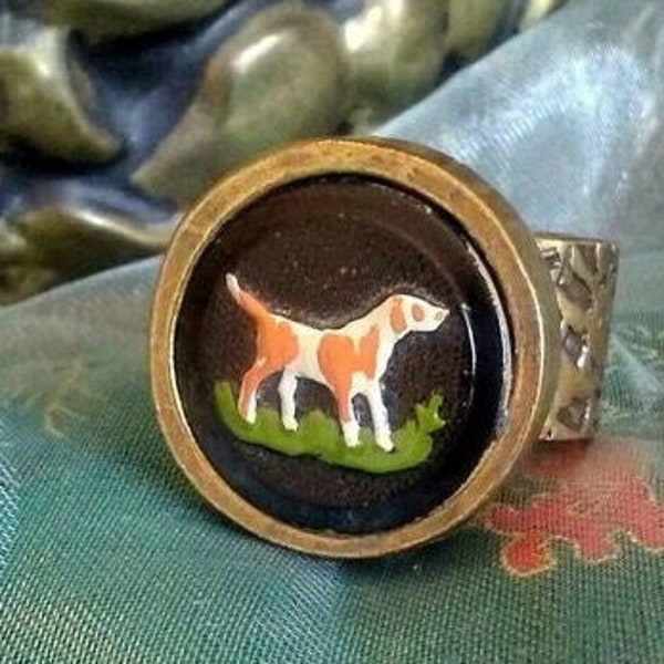 Vintage Beagle Harrier Dog Button "Statement" Ring - Upcycled/Repurposed Fashion Jewelry - Wedding Party Gift