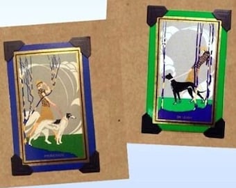 Art Deco Dog Walker Cards (6): Borzoi, Whippet, Greyhound - Vintage Playing Card Note Set With Birthday Greeting Stickers