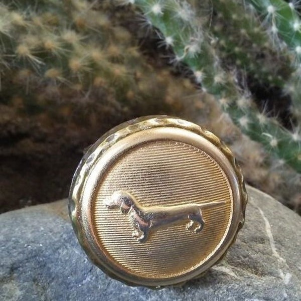 Vintage Figural Dachshund Hound Dog Button Ring - Upcycled/Repurposed Fashion Jewelry - Wedding Party Gift