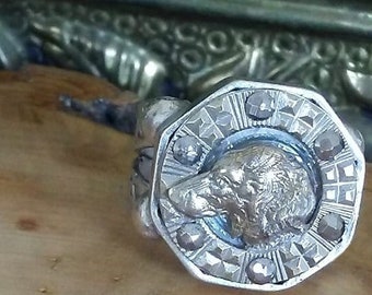 Antique Setter Dog Button with Steelcuts "Statement" Ring -  Upcycled/Repurposed Fashion Jewelry - Wedding Party Gift