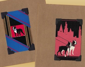 Art Deco Boston Terriers - 6 Card Set-Birthday Cards/Blank Notes Upcycled Vintage Playing Cards-w/ a gallery of greetings to choose from!