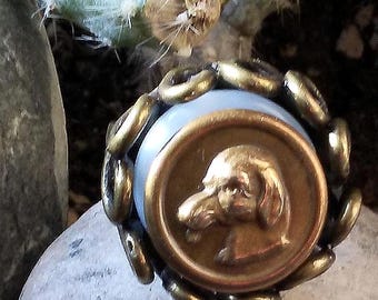 An Opinionated Pup - Antique Brass Dog Button Statement Ring - Upcycled/Repurposed Fashion Jewelry - Wedding Party Gift