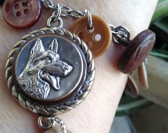 Convertible Boho German Shepherd Vintage Dog Button Bracelet/Necklace Assemblage - Upcycled/Repurposed Fashion Jewelry - Wedding Party Gift