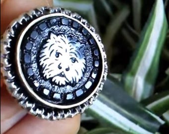 A Hidden Terrier - Antique Glass Dog Button Ring  - Upcycled/Repurposed Fashion Jewelry - Wedding Party Gift