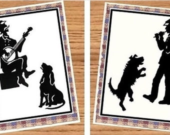 4 Civil War Soldier & Dog Silhouette Greeting Cards - "Camp Musicians" Blank Notes OR Birthday Cards!