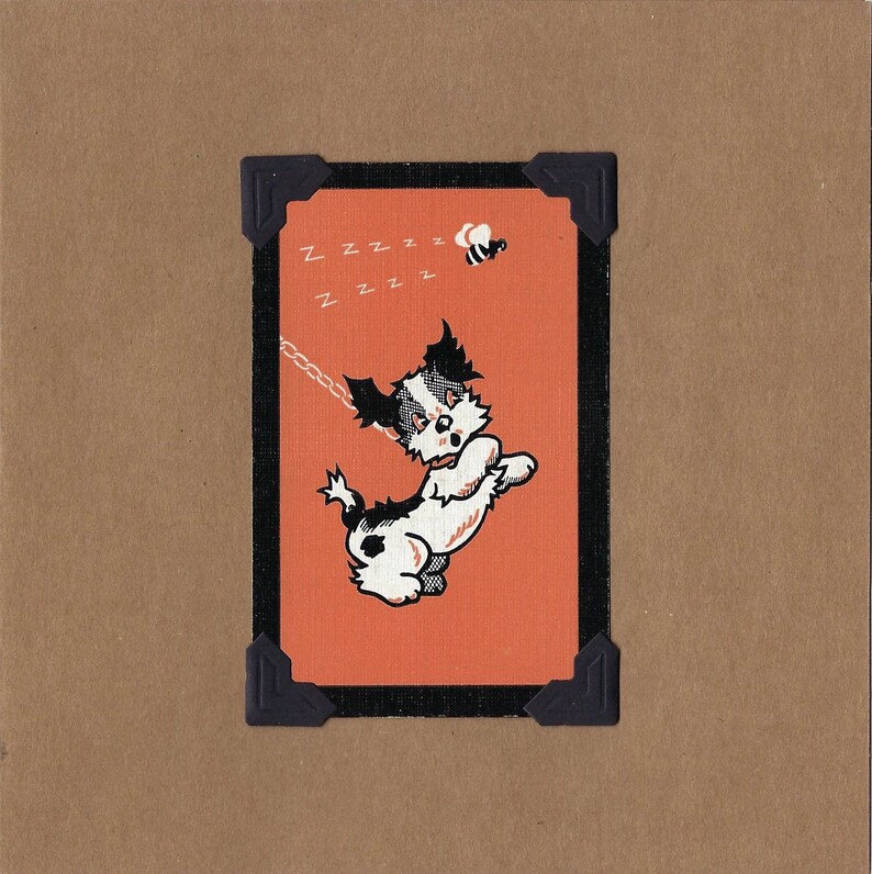 May include: A black and white cartoon dog with a red collar is running with a chain attached to its collar. The dog is running towards a bee that is flying in the air. The background is orange and the image is framed with a black border.