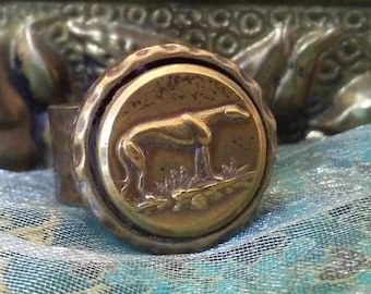 Stylized Brass Greyhound/Whippet Button Ring - Antique Dog Button Upcycled as Fashion Jewelry - Wedding Party Gift