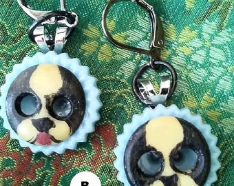 Victorian Bone Button Boston Terrier / Pitbull Earrings - Hand-Painted Antique Underwear Buttons Upcycled as Fashion Jewelry