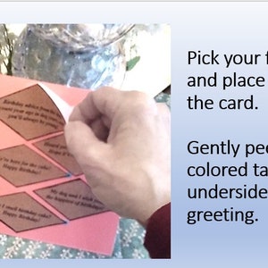 May include: A pink card with a variety of diamond-shaped paper tabs with different birthday wishes printed on them. The tabs are attached to the card with a peel-off adhesive. The instructions on the card read: "Pick your favorite and place it inside the card. Gently peel the colored tab from the underside of the greeting."