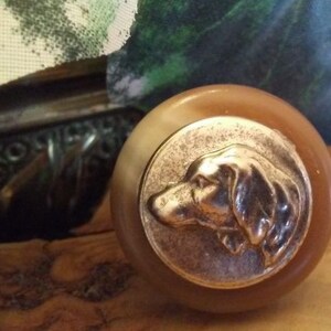 May include: A round, brown and white knob with a silver metal design of a dog's head. The dog's head is in profile and has a long snout and floppy ears.
