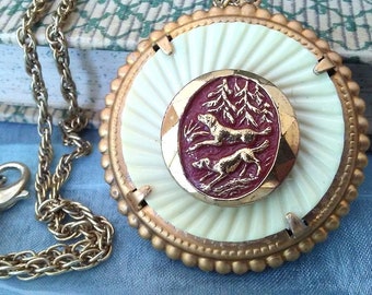 Golden "Dogs in the Forest" Vintage Stacked Button Pendant Necklace - Upcycled/Repurposed  Fashion Jewelry - Wedding Party Gift