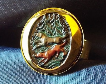 Dogs in the Forest Vintage Dog Button "Statement" Ring - Upcycled/Repurposed  Fashion Jewelry - Wedding Party Gift