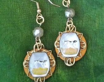 Pointer Dog Intaglio Earrings With "Pearls" - Reverse Painted Hunting Scene - Upcycled/Repurposed Fashion Jewelry - Wedding Party Gift