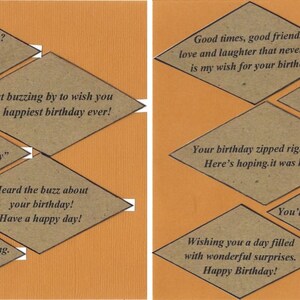 May include: A brown paper card with a diamond-shaped design. The card has a variety of birthday greetings written on it, including "You're another year older? UnBEElievable! Have a Happy Birthday!" and "Good times, good friends, love and laughter that never end is my wish for your birthday."