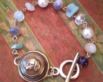 Brass Hound Button Beaded Bracelet - Upcycled OOAK Fashion Jewelry - Bridal Party Gift