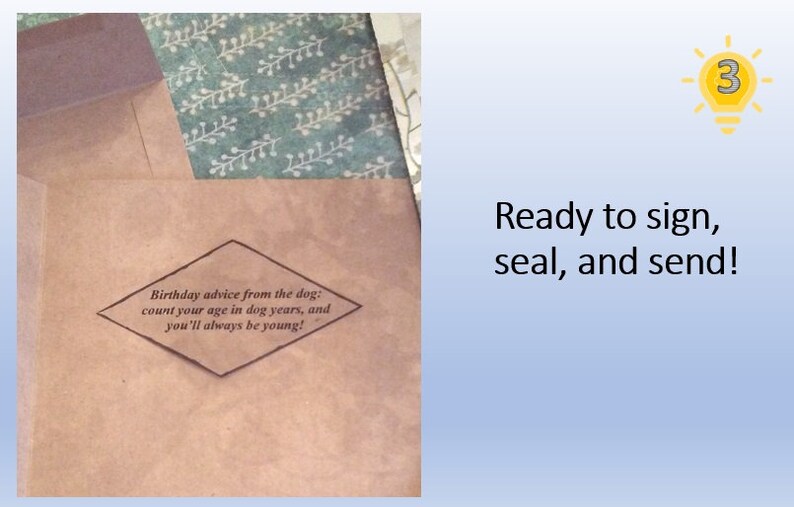 May include: A brown paper envelope with a diamond-shaped stamp that reads "Birthday advice from the dog: count your age in dog years, and you'll always be young!"  The envelope is ready to be signed, sealed, and sent.
