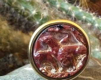 Antique St. Hubert Hounds Dog Button "Statement" Ring - Painted Black Glass - Gold Embellishments - Wedding Party Gift