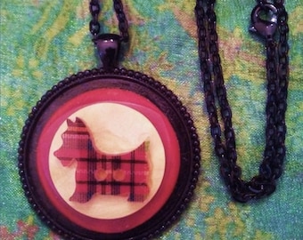 Plaid Scottie Dog Vintage Stacked Button Pendant Necklace - Repurposed/Upcycled Fashion Jewelry