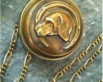 Lucky Dog Button Pendant - Hound & Horseshoe Vintage Button - Upcycled/Repurposed Fashion Jewelry-Wedding Party Gift