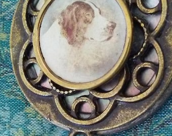 Antique Setter Portrait & MOP Button Pendant Necklace - Upcycled/Repurposed Fashion Jewelry - Wedding Party Gift