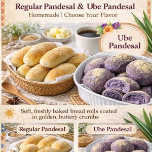 May include: An advertisement for Filipino sweet bread, featuring Regular Pandesal and Ube Pandesal. The image shows golden-brown bread rolls in a basket and purple rolls in a white dish, with text that reads "Homemade | Choose Your Flavor."