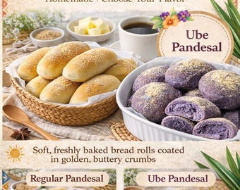 Pandesal filipino / Panecillos suaves / Pan tradicional y ube recién horneado