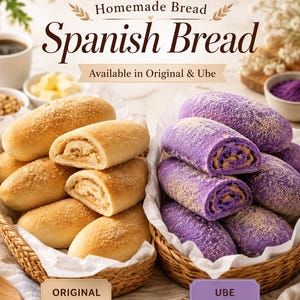May include: Delham's Homemade Bread Spanish Bread, available in Original and Ube. Two woven baskets contain golden-brown bread rolls and vibrant purple ube bread rolls, both dusted with fine crumbs and featuring a visible spiral filling.