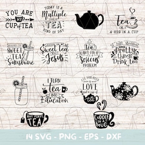 Könnte beinhalten: Ein Set mit 14 Schwarzweiß-SVG-, PNG-, EPS- und DXF-Dateien mit Tee-Motiven und Illustrationen. Die Zitate beinhalten "You are my cup of tea", "Today is a multiple cups of tea kind of day", "Sweet tea and sunshine", "Sweet tea and Jesus", "If tea can't fix it, it's a serious problem", "I just wanna make pretty things and drink tea", "I turn tea into education", "All you need is love and a cup of tea", "But first, tea", "Tea (N.) a hug in a cup", and "Cuddle in a mug".